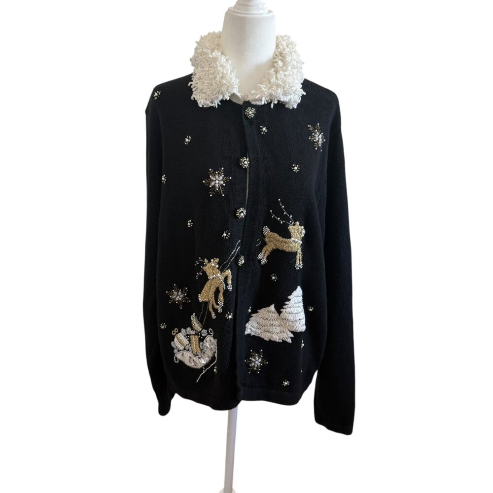 Victoria Jones Black Christmas Holiday Embroidered Sweater Cardigan Size X LARGE